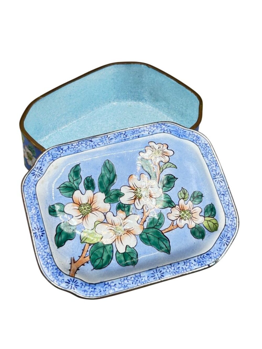 Vintage Cloisonne Box Jewelry Trinket Box Blue Base Dogwood Flowers Design
